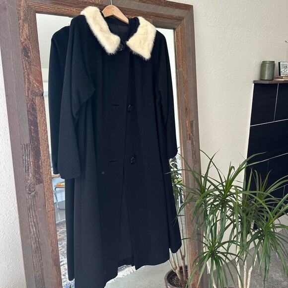 Grandura Jeshiva Women's Medium Trench Coat Black Felt Cream Fur Vintage - Picture 1 of 3